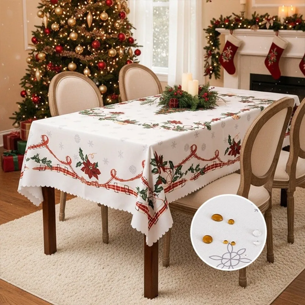 New Rectangle Decorative Table Cloth Reusable Poinsettia Floral Christmas Table Cover Waterproof Xmas Tablecloth Festival Props