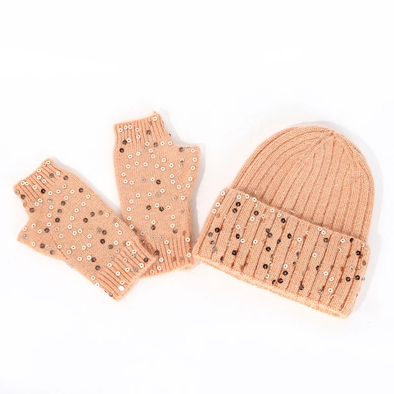 Hat Gloves Set Women Winter Beanie Angora Knit Sequins Warm Soft Skiing Accessory For Autumn Cold Weather Outdoors Sports