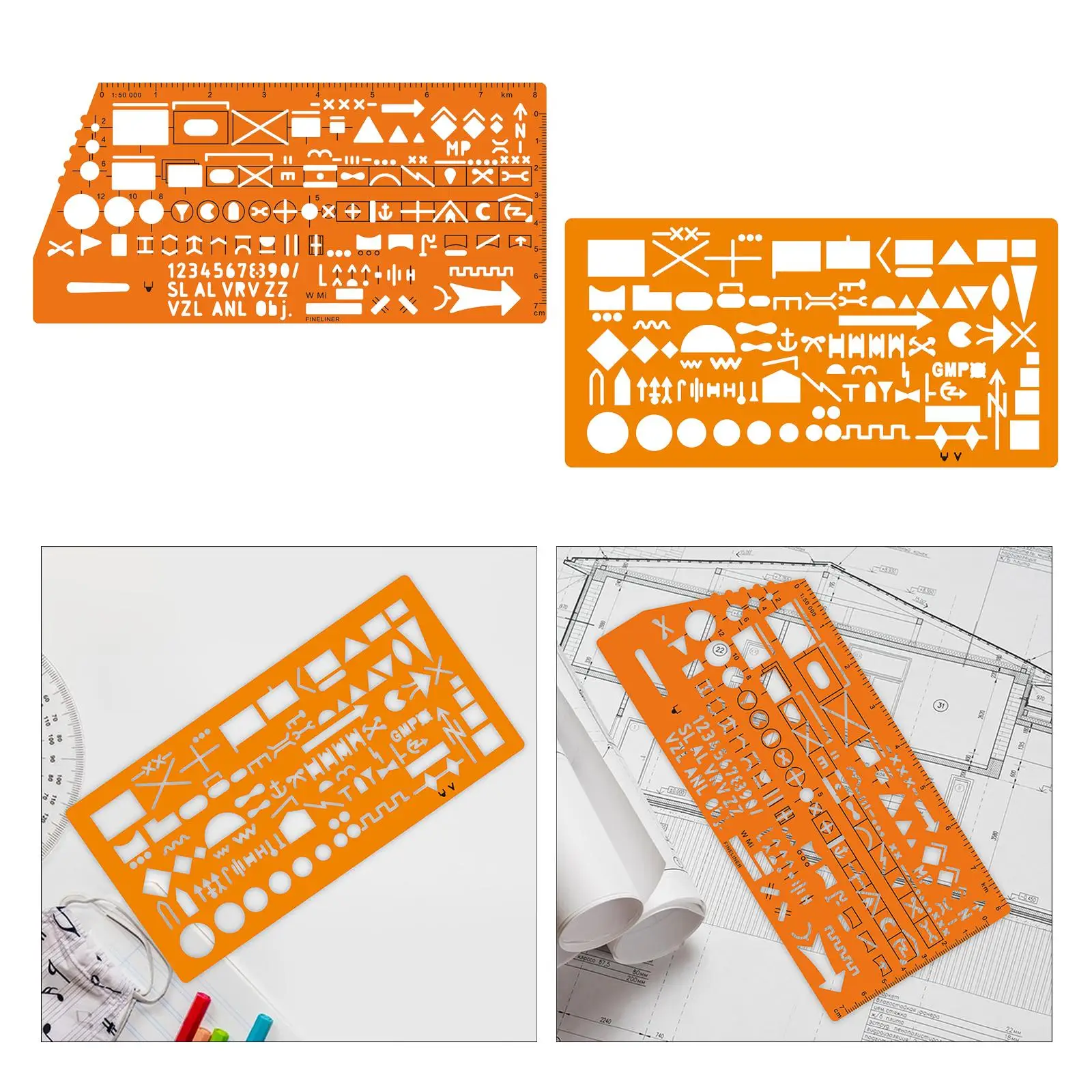Architecture Stencil Template Ruler Orange Plastic Geometric Symbols Measuring Tool for Map Drawing and Planning