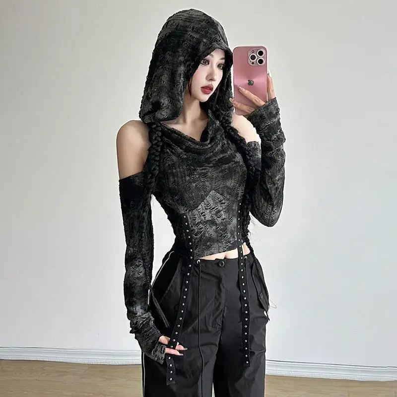 Off Shoulder Hoodie Long Sleeve T Shirt Women Black Casual Slim Fit Top Streetwear Y2K Harajuku Aesthetic Fall Winter Blouse view 4