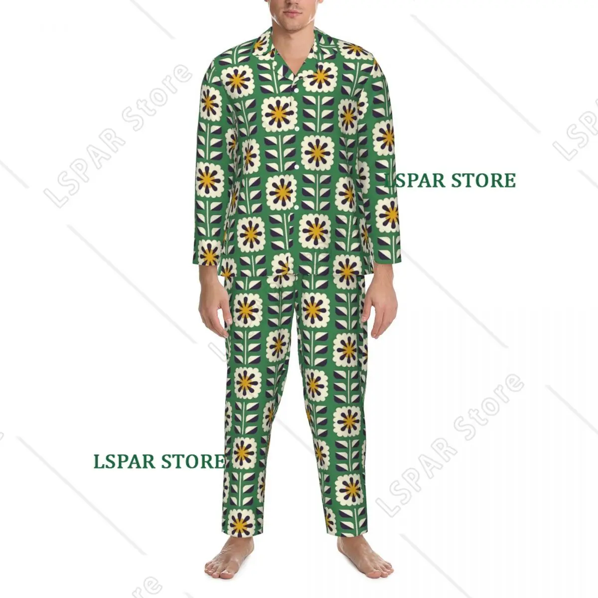 Folk Art Flowers Pajamas Mens Floral Print Trendy Bedroom Nightwear Spring Vintage Oversize Graphic Pajamas Set