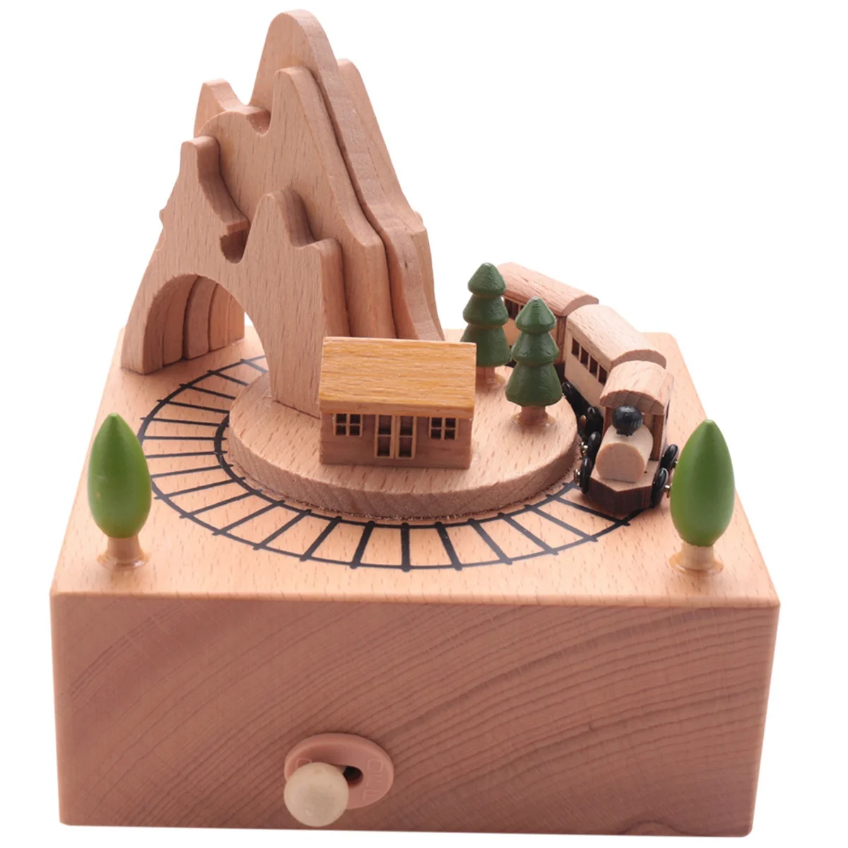 Wooden Musical Box Featuring Mountain Tunnel With Small Moving Magnetic Train Plays B20