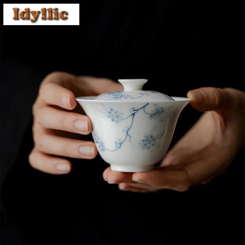120ml Hand-painted Blue And White Osmanthus Gaiwan Aesthetic Tea Tureen Tea Bowl With Lid Kit Tea Brewing Cover Bowl Teaware