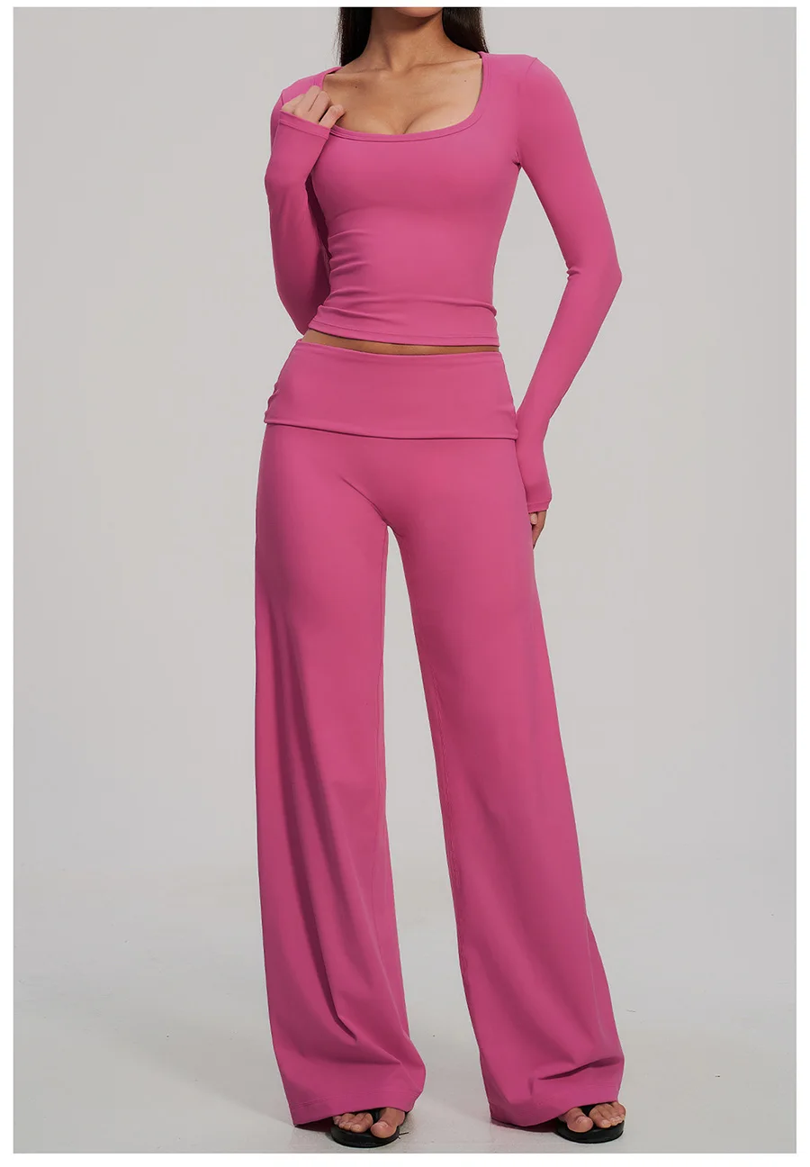 2-teiliges Yoga-Set für Damen, Langarm-Fitness-Oberteil, Trainingsanzug, Sportbekleidung, High-Waist-Hose mit geradem Bein, Fitness-Sportanzug – Detail 9