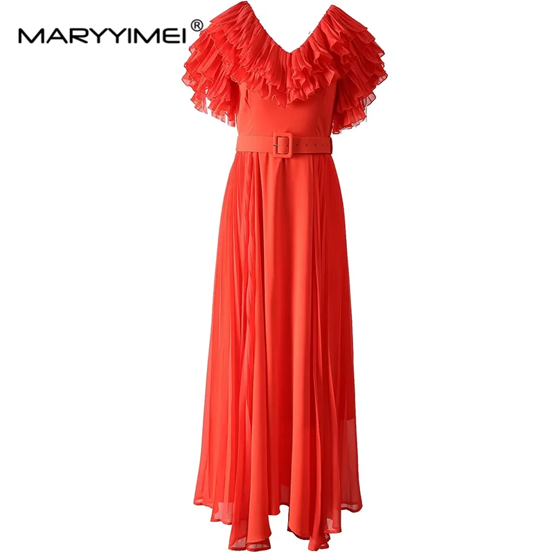 

MARYYIMEI Fashion Design Summer Women's Dress V-Neck Butterfly sleeve High Waiste Lace-Up Elegant Gorgeous Evening Dresses