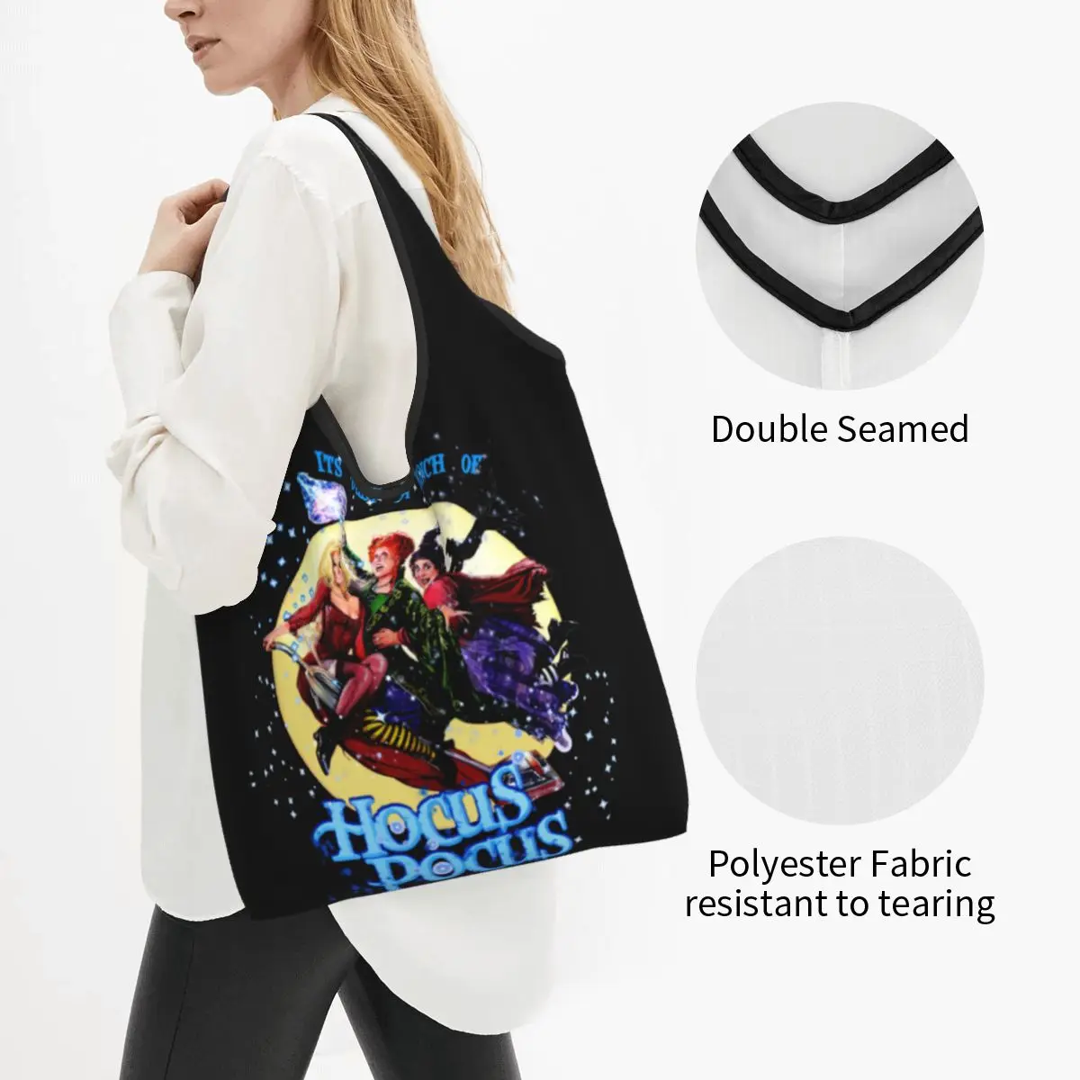 Custom Cute Print Halloween Movie Hocus Pocus Tote Shopping Bag Portable Shopper Shoulder Witch Witchcraft Handbag