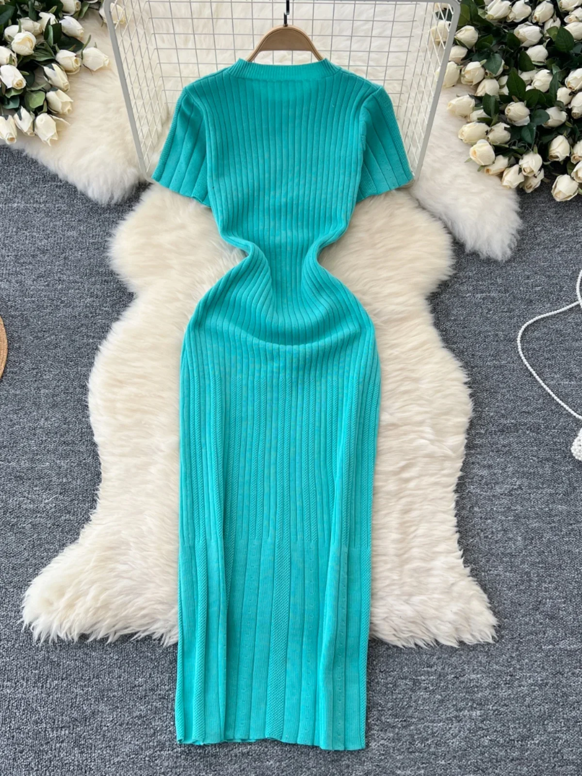 Knitted Bodycon Dress Women Round Neck Single Breasted Short Sleeved Slim  French Style Long Dresses Ladies Spring Auutmn Robe - AliExpress 200000345