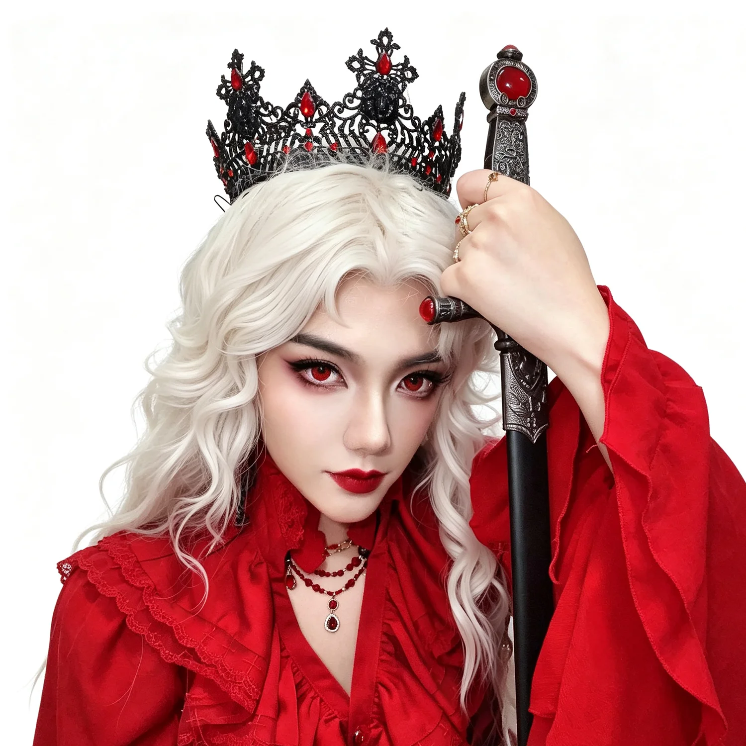 Gothic Black King Crown with Red Rhinestone Lion Embossed Baroque Full Round Tiara Halloween Cosplay Vampire Party Wedding Tiara