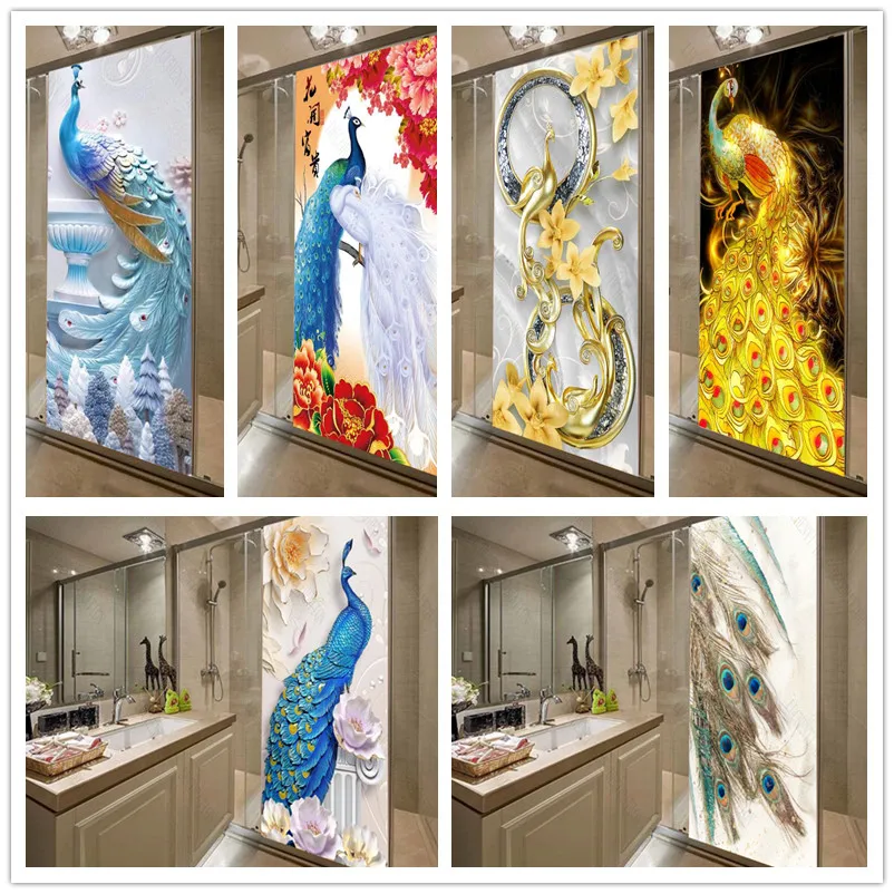 Papel de parede self-adhesive golden peacocks flower door sticker home decoration wall stickers mural porch wallpaper poster