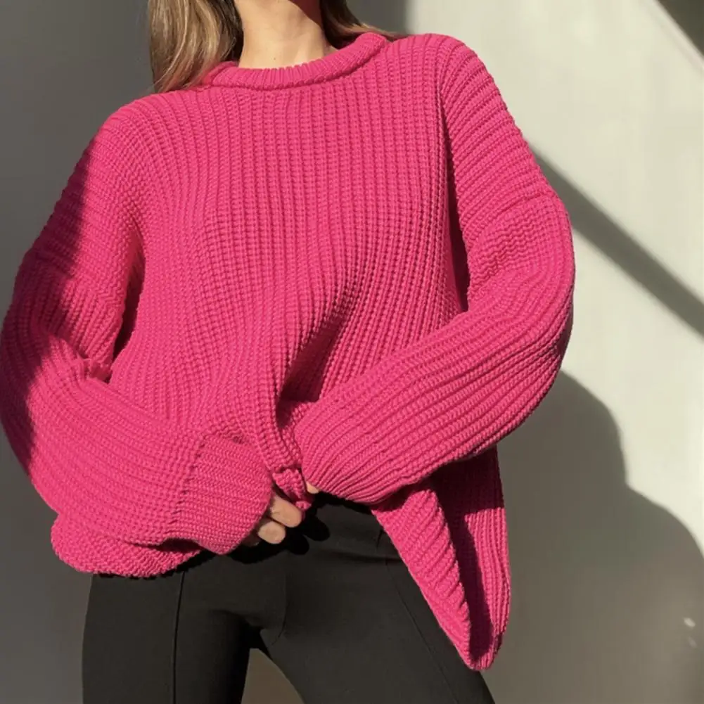 Pull à manches longues à col rond pour femme, chandail en fil épais, couleur unie, ample et chaud, hiver