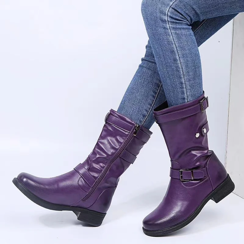 Kobiety Chunky Boots skórzane buty ze skórki cielęcej rozmiar 43 klamra kobieta kwadratowy obcas Zipper półbuty czerwone czarne szare zimowe płaskie