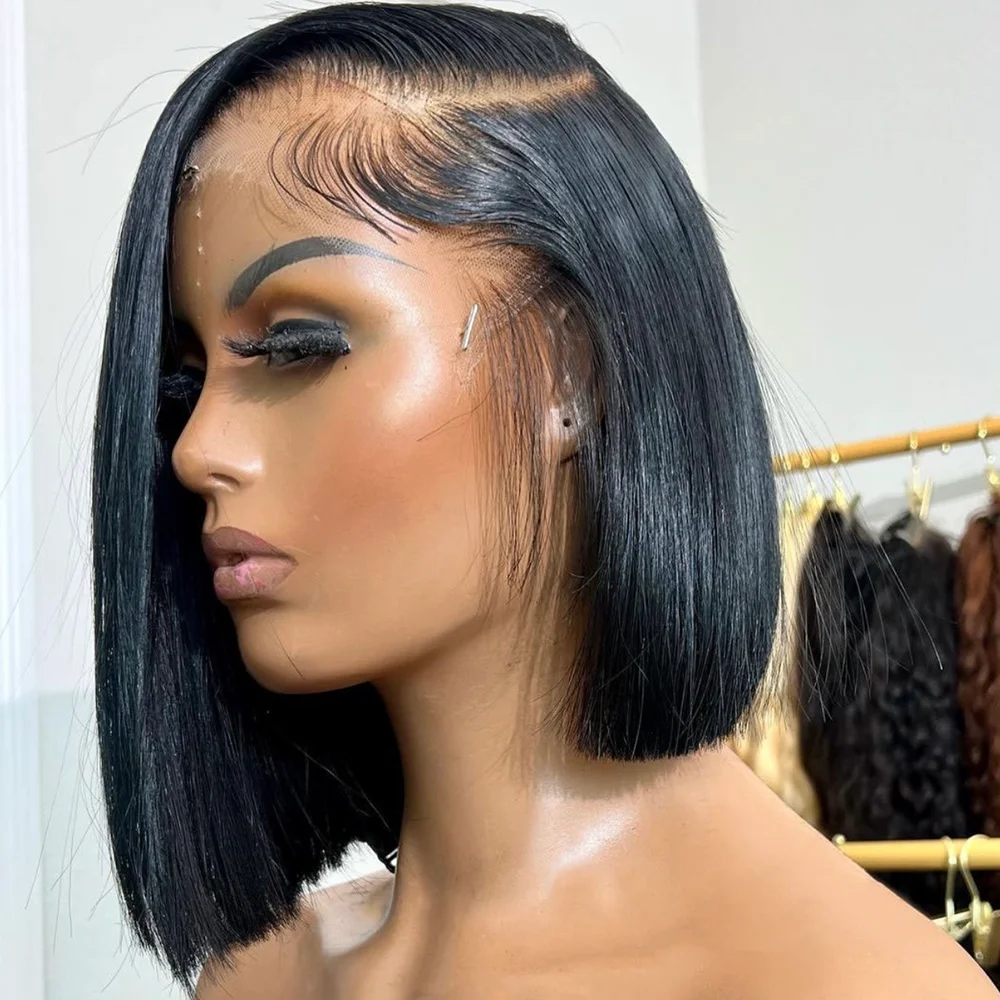 

Short Bob Wig Straight Pre Bleached Knots 13x4 Lace Front Wigs Natural Black 220 Density Bob Wigs Brazilian 100% Real Human Hair