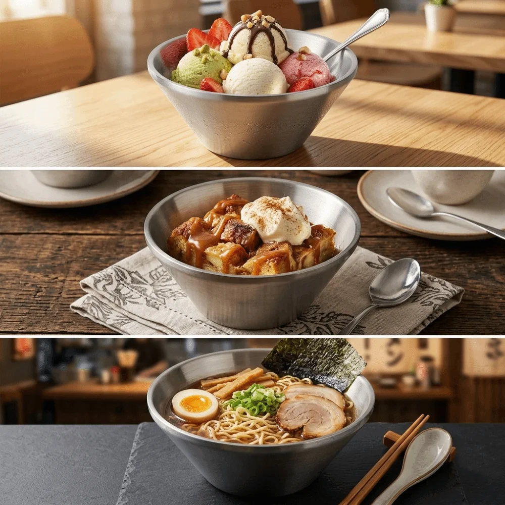 Lightweight Rustless Steel Rice Bowl Conical Double Layer Noodle Bowl Thickened Smooth Shaved Ice Bowl Shaved Ice