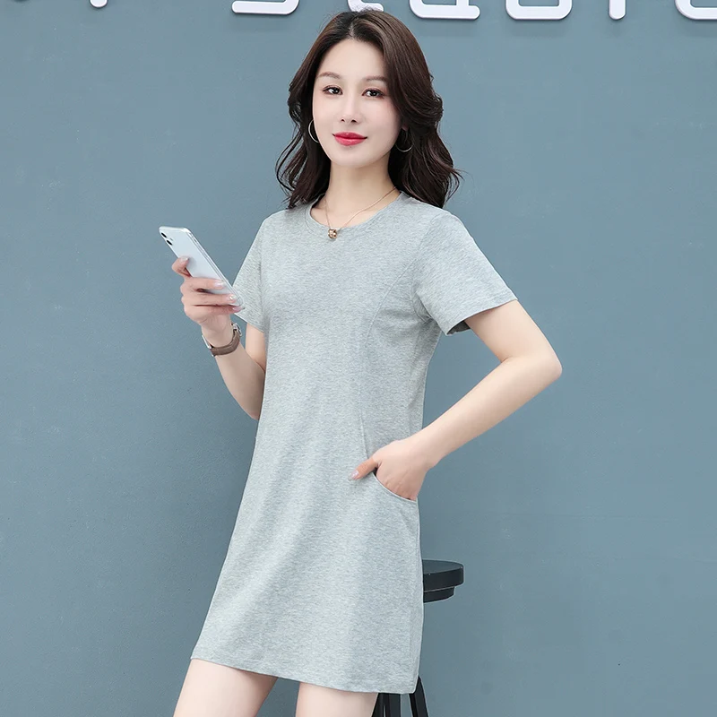 المرأة الجديدة عصرية ومتعددة الاستخدامات قصيرة الأكمام جولة الرقبة منتصف طول تي شيرت تنورة الإناث الصيف فستان رياضي فضفاض غير رسمي