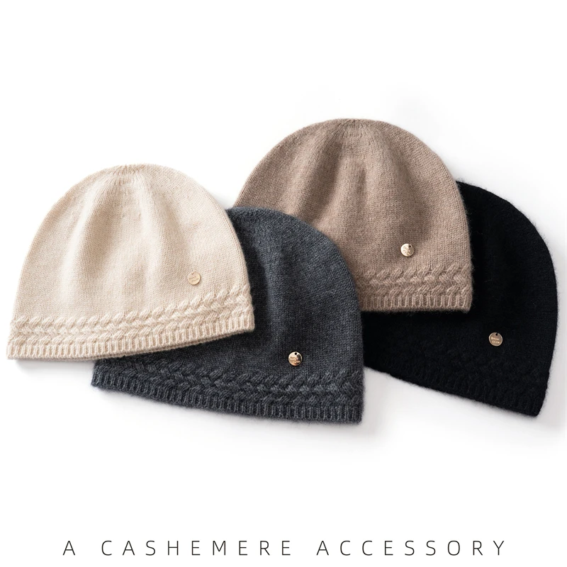 Women's Quality Cashmere Knitted Basin Hat Versatile Fashion Warm Toe Cap Simple Style Metal Label Soft Hat for All Seasons