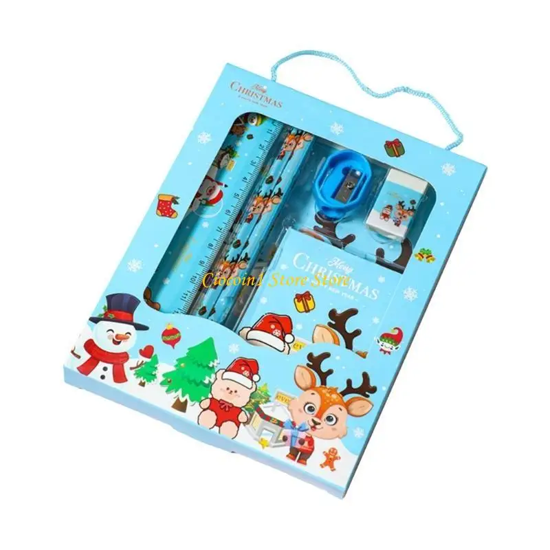 A3PC Christmas Stationery Set for Kid and Student including Christmas Pencil, Eraser, Ruler, Pencil Sharpener, Mini Notes Pad