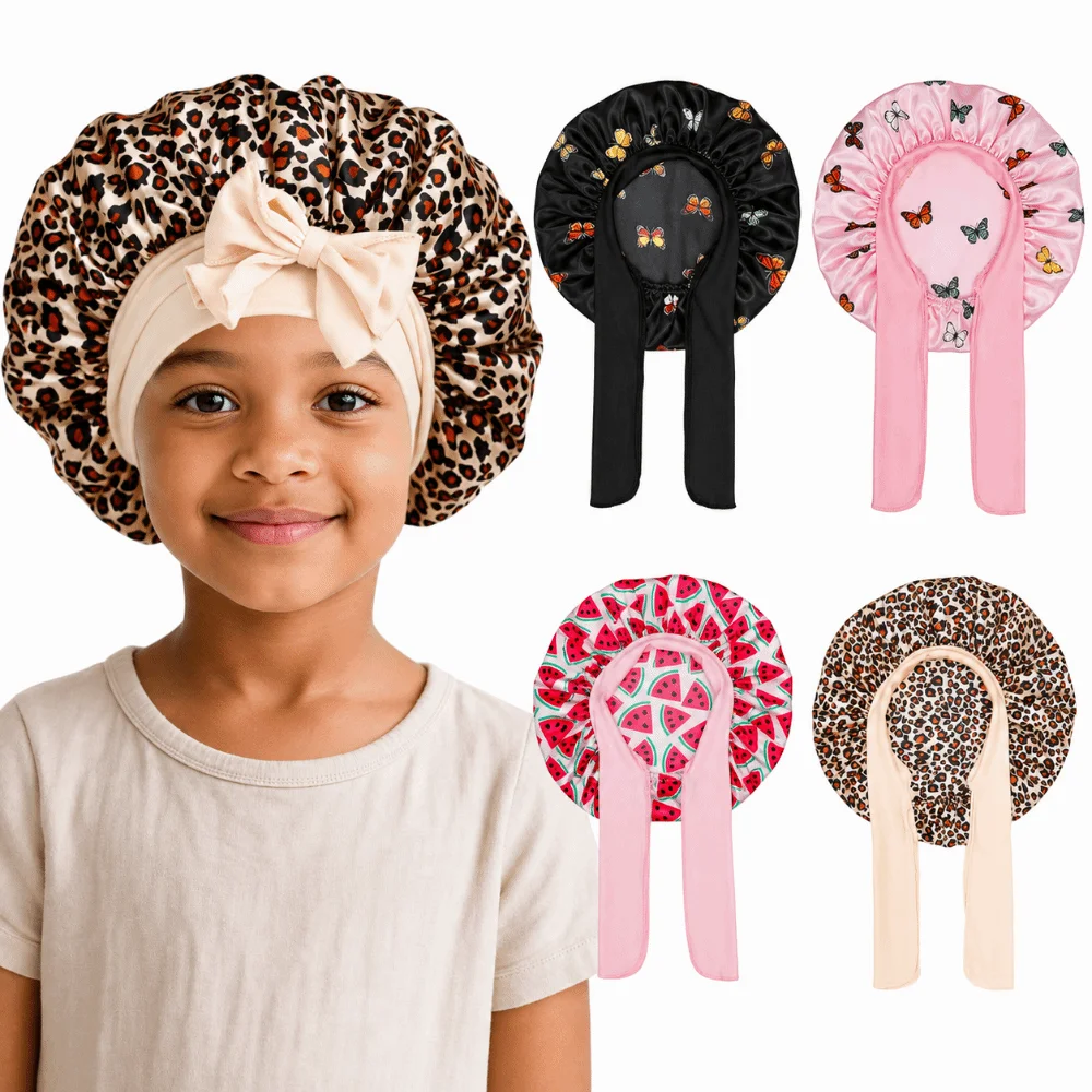 Tie Band Satin Bonnet Wide Band Printed Design Hair Protection Bonnet Frizz Reduction Adjustable Elastic Children Hair Bonnet