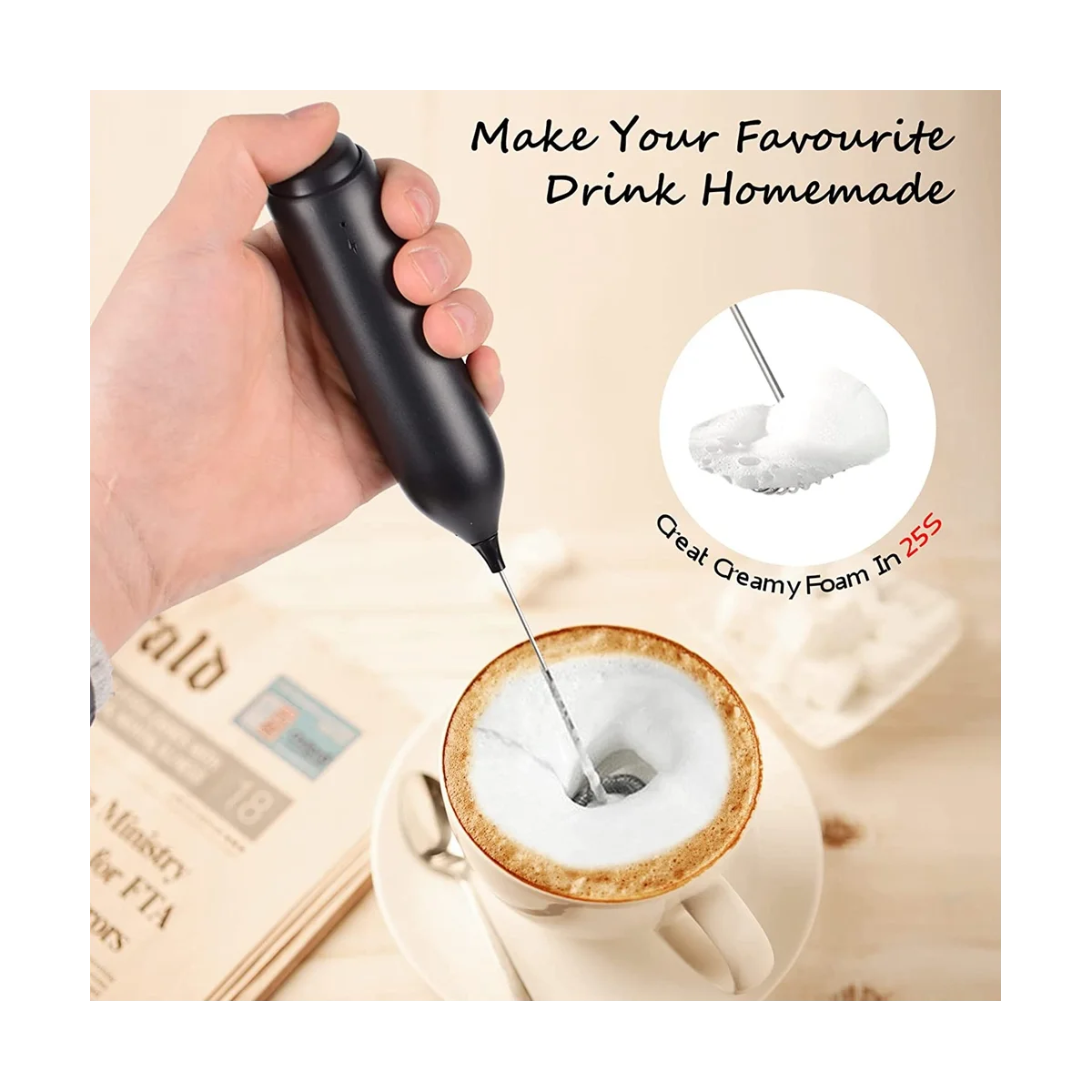 Milk Frother Handheld, USB Rechargeable Wall-Mounted Stand, Mini Milk Foamer, Electric Whisk Drink Mixer Foam Maker