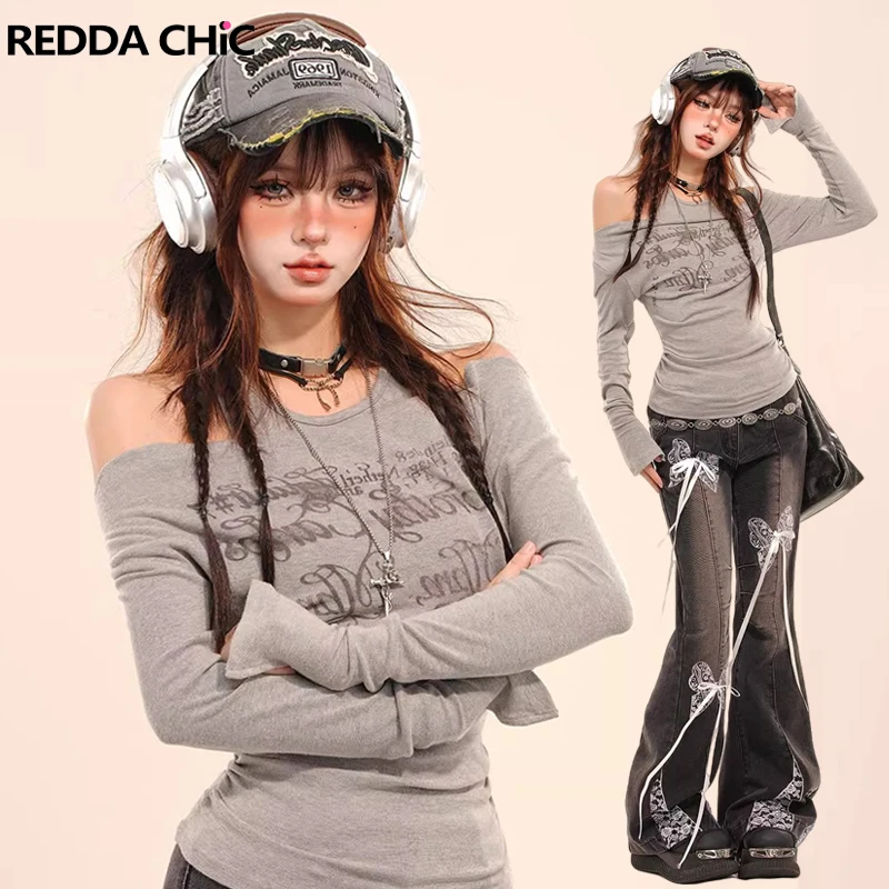 REDDACHiC Layered Off Shoulder Top Two-piece Set Modal Letters Graphic Print Shirring Long Sleeve Tee Undershirt Fall Clohtes