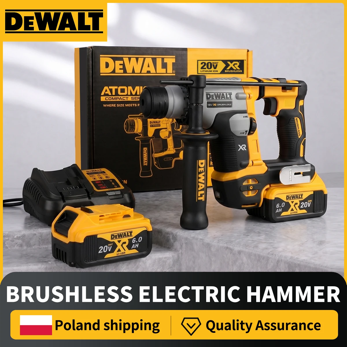 Marteau perforateur rotatif sans balais DEWALT DCH172N 20V MAX SDS Plus, énergie d'impact 1,4 J, 0-1060 tr/min / 0-4980 battements par minute, perçage du béton 16 mm, avec batterie 6,0 Ah et chargeur, outil nu inclus