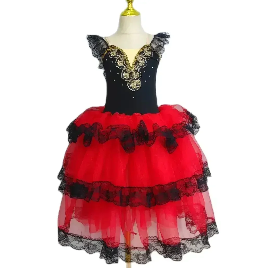 Falda roja española plisada, falda acampanada, vestido de actuación de Ballet para niños y adultos, leotardos para niñas, traje de baile