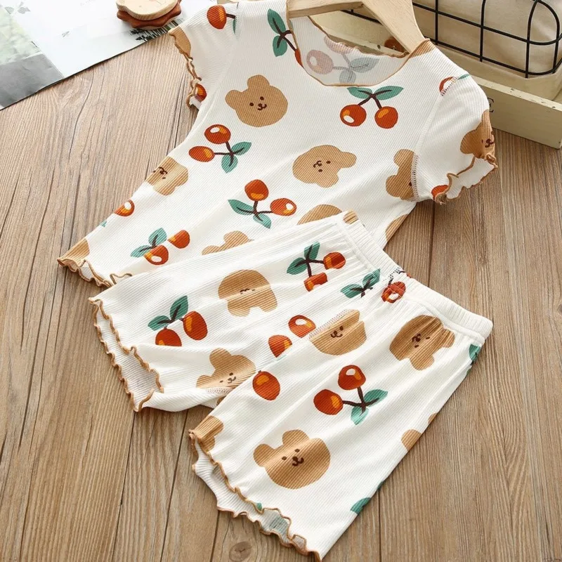 Girls' And Boys' Sets Tops Shorts Two Pieces Pajamas Suits Summer Thin Elastic Soft Children's Night Wear Daily Home Clothes