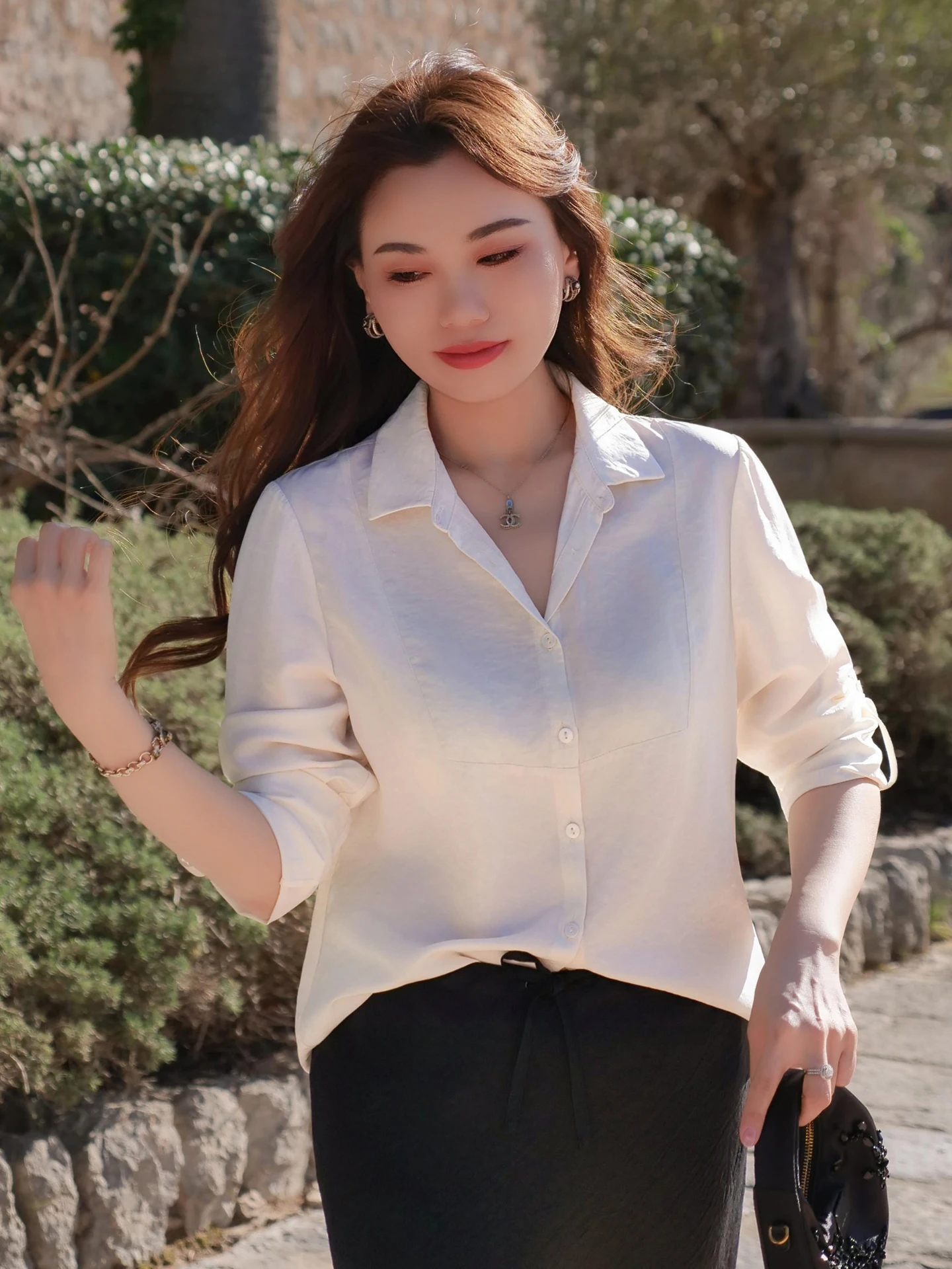 

ERINA Original plus Size White irt Long Sve Women's Spring Commute Sle Wear Resistant Polyester Blend Casual irt