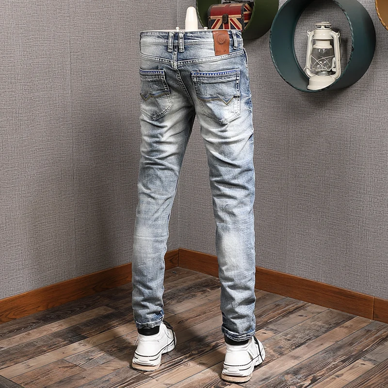 Newly Designer Fashion Men Jeans Retro Blue Washed Elastic Slim Fit Ripped Jeans Men Stretch Trousers Vintage Denim Pants Hombre