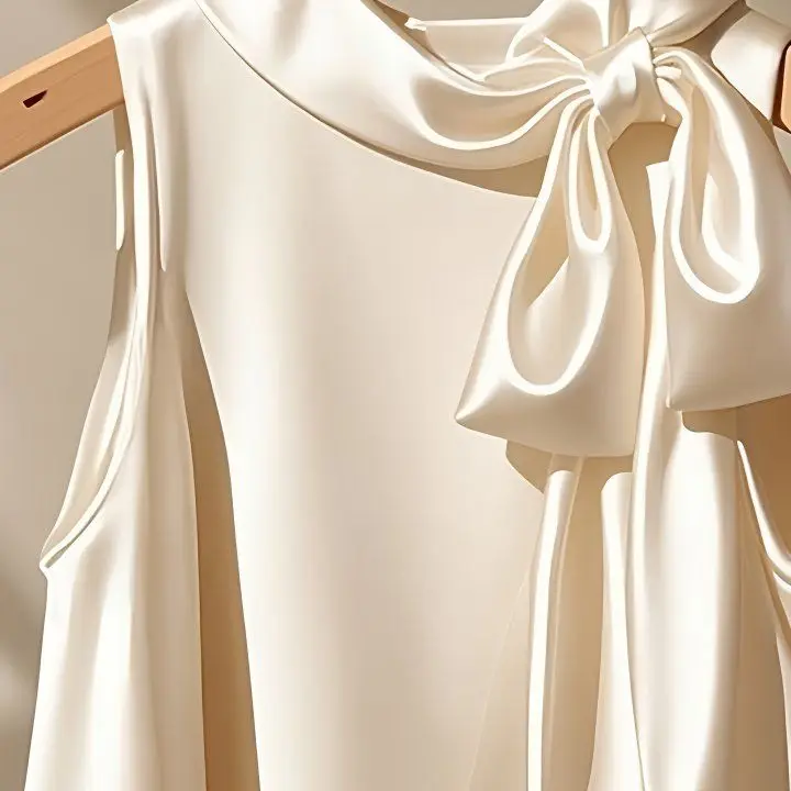 بلوزة نسائية برقبة رسن 2026 صيفية بدون أكمام قميص أنيق من الساتان بعقدة على الموضة