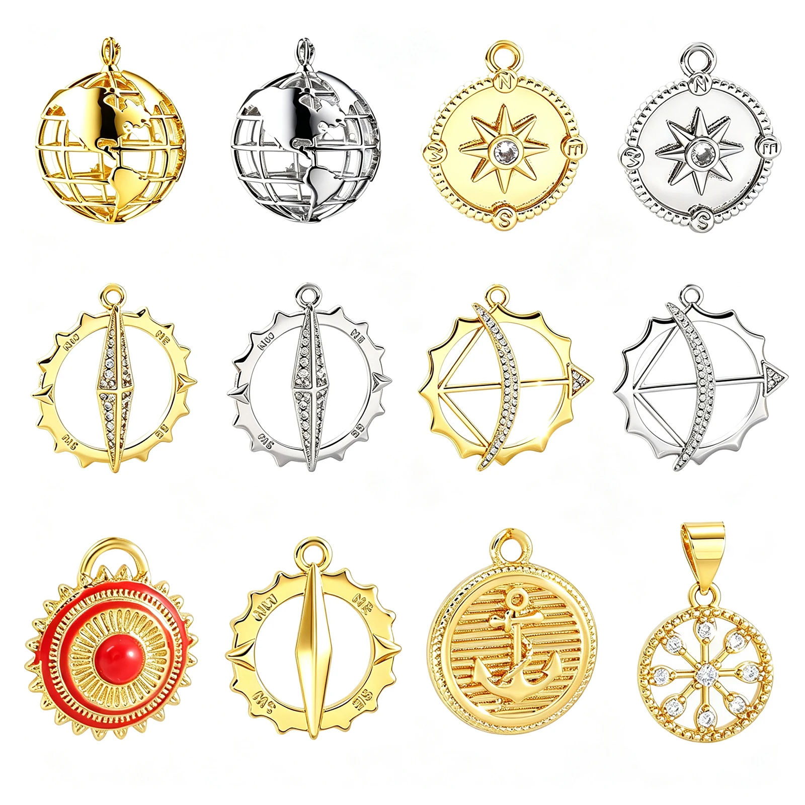 MHS.SUN 5Pcs/Lot Globe Earth/Compass Pendant Women Men Cubic Zircon Gold/Silver Color Charm For DIY Necklace Jewelry Making