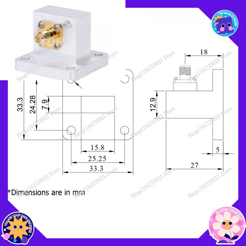 WR62-SMA Female, Waveguide Coaxial Converter, Quadrature BJ140 Flange 11.9-18 GHz