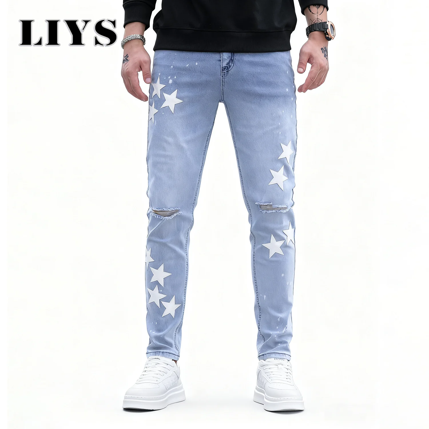 

Men's Korean Slim Fit Elastic Jeans Star Patchwork Blue Ripped Denim Pants Men's Slim Fit Small Leg Pencil Jeans Men's Clothes