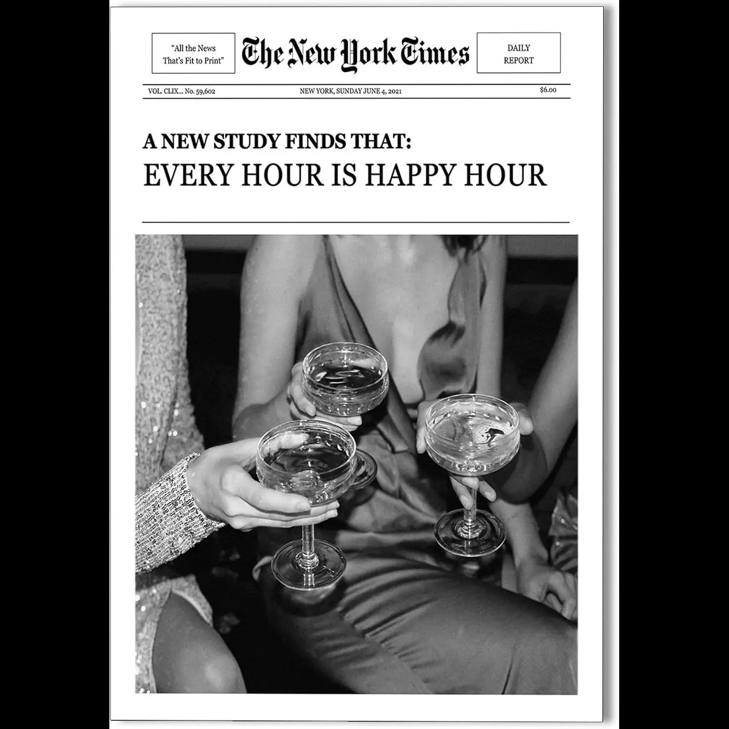 Vintage Newspaper Canvas Wall Art  Trendy Black White Girls Cocktail Cheers Prints  Aesthetic Posters  Happy Hour Quotes  Girly