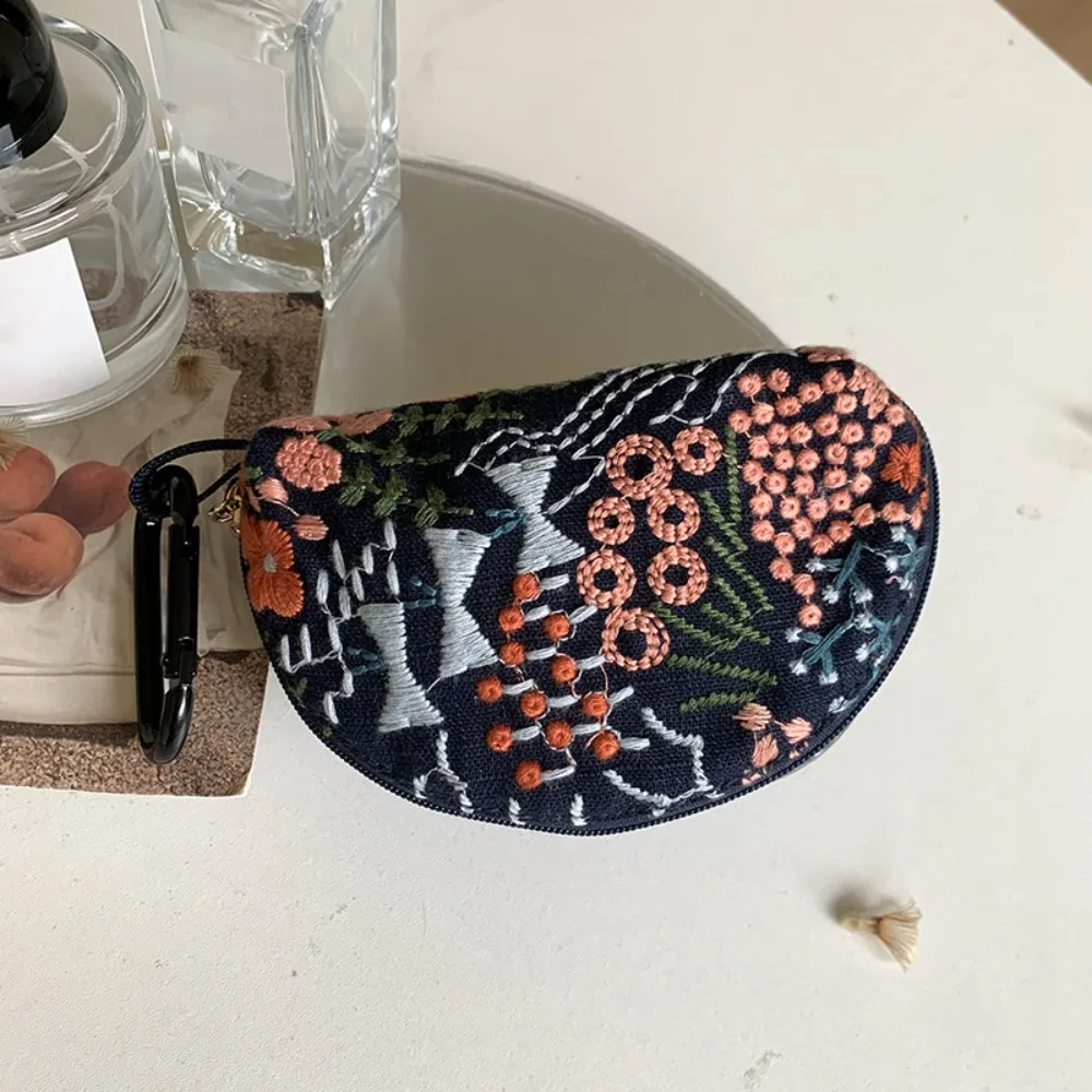 Practical Cute Embroidery Storage Bag Flower Korean Style Earphone Bag Cotton Linen Keychain Small Cosmetic Bag Student