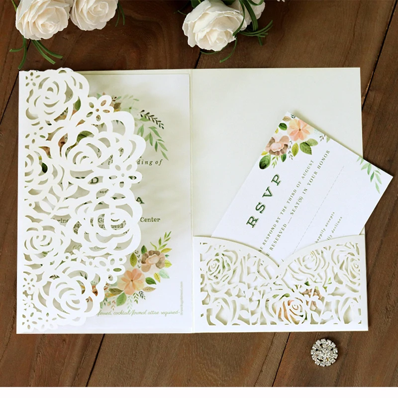 100pcs Laser Cut Rose Flowers Wedding Invitations Card With RSVP Cards Customize Envelope Birthday Mariage Baptism Party Supply