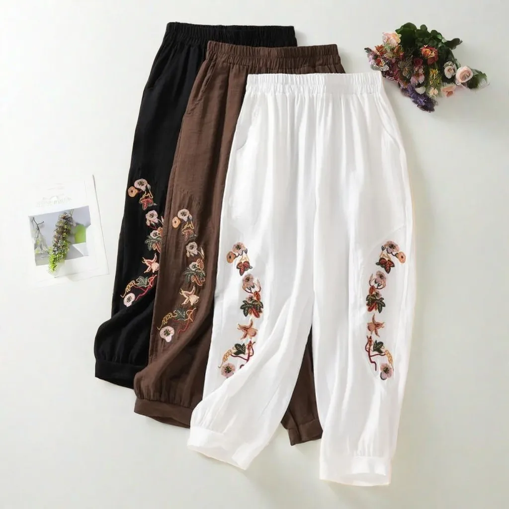 Coffee Embroidery Bloomers Casual Solid Elastic High Waist Loose Women\'s Pants Ankle-Length Pants For Women Clothing Fashion
