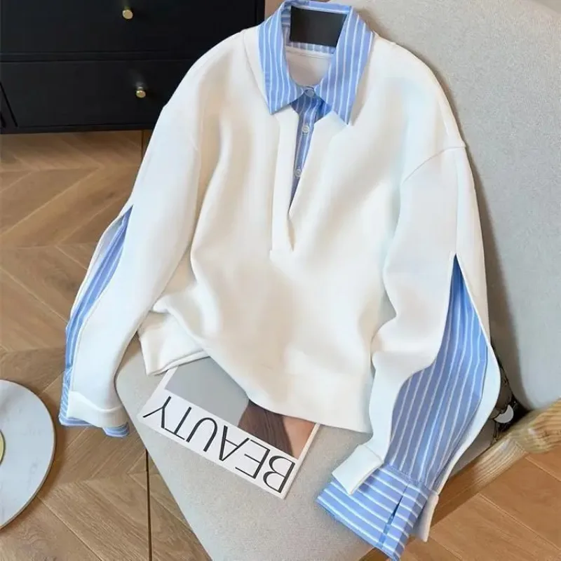 

2025 Fake Two-piece Striped New Hoodie Long Sleeved Top Y2k Clothes Sweatshirts Casual Hoodies Women