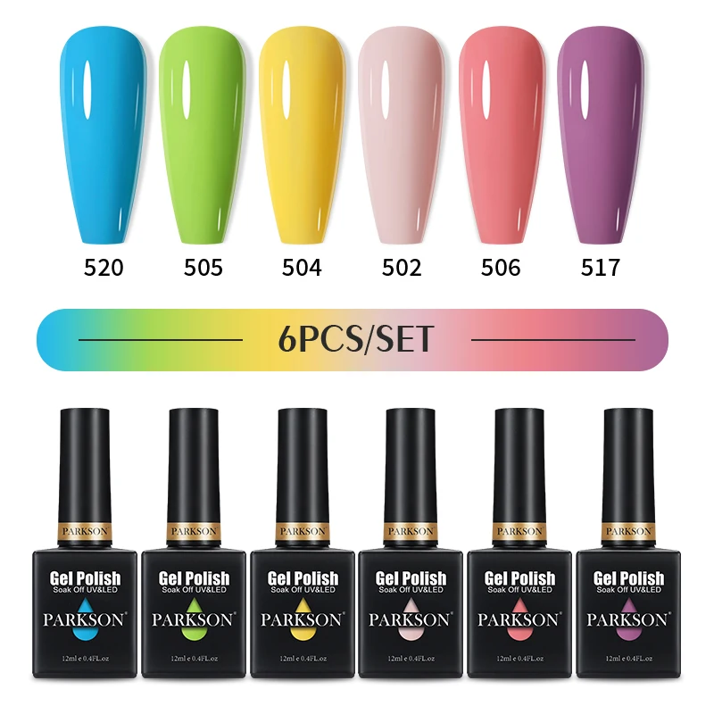 

Parkson 6pcs/set Gel Nail Polish Set Nude Colorful Lacquer Glitter LED UV Soak Off Semi Permanent 12ML Top Base For DIY Nail Art