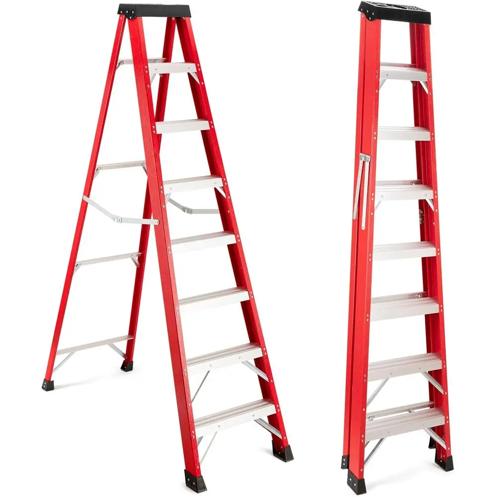 

Portable 7-Step Fiberglass Ladder with Anti-Slip, Top Tool Tray, and Sturdy Design for Home and Outdoor Use, Red