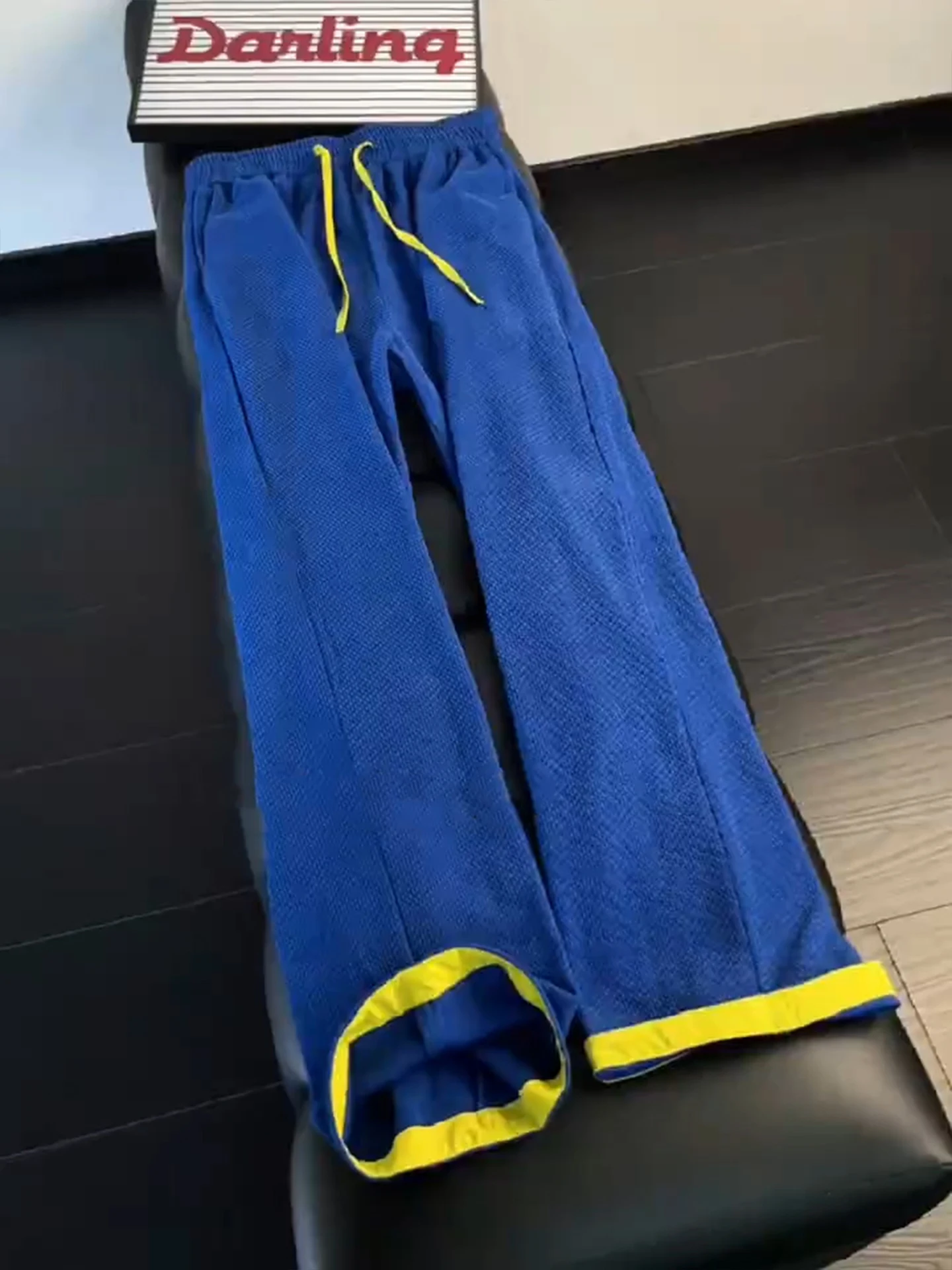 Klein Blue Color Block Casual Pants Men's Summer Design Scale Pattern Breathable Straight Sport Pants Loose Fit Elastic Waist