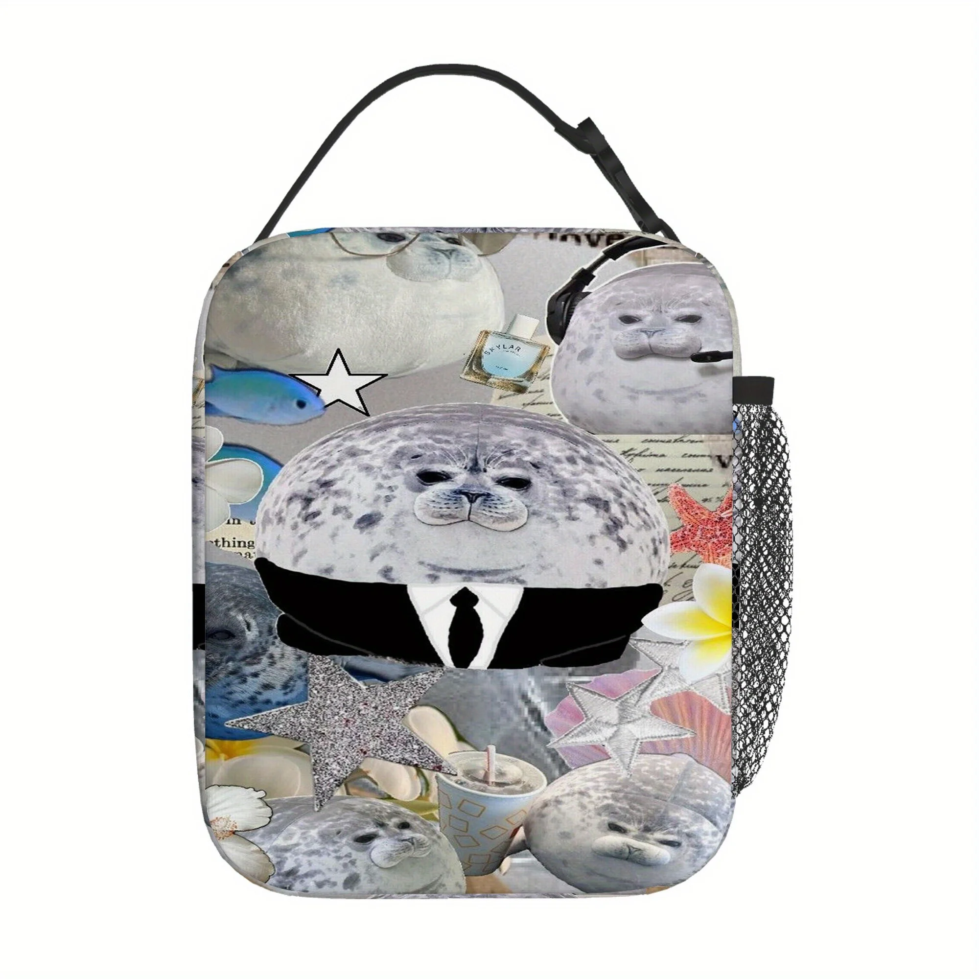 1pc, Seal Plushies with Flowers and Starfish Printed Thermal Insulated Bag for Food Storage. Unisex Portable Reusable Design