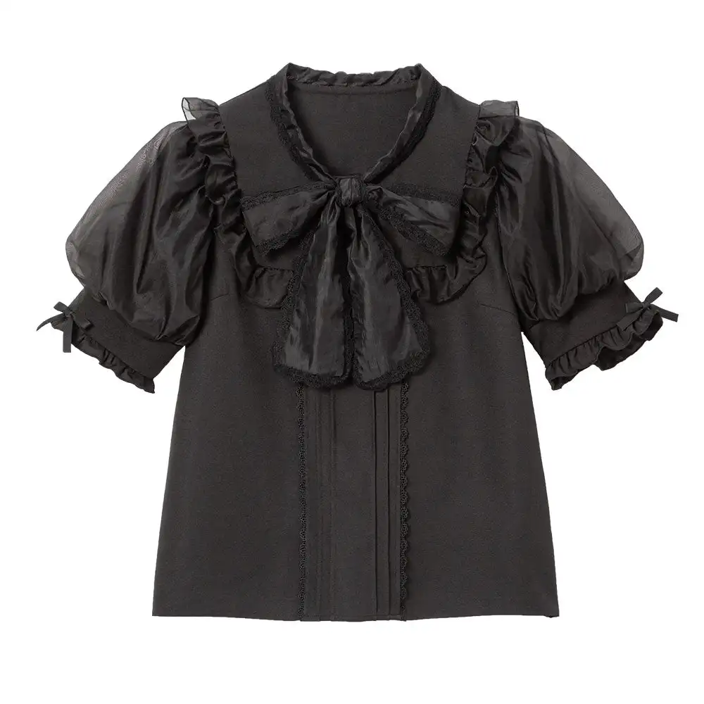 Summer Women's Shirt 2023 New Japanese Style Short Sleeve Shirts Female Loose Slimming Bow Solid Color Sweet Lady Elegant Blouse