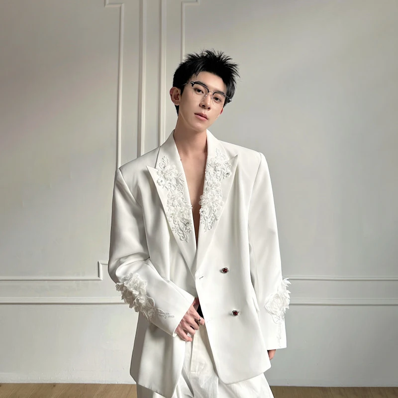 WTHT Trendy Men's Solid Color Spliced 3D Flower Design Blazer Coat Fashion Lapel Double Breasted Jackets Male 2026 Summer 2A2836