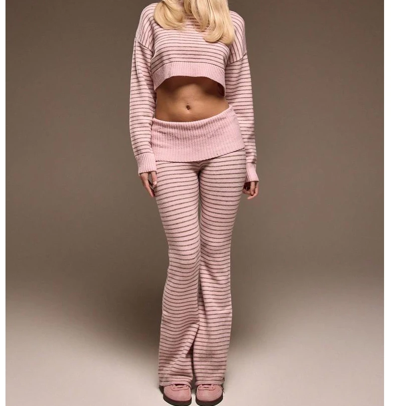 

Женские розовые вязаные полосатые брюки, комплект из двух предметов, широкие брюки с подходящим верхом, удобные стильные комплекты брюк на осень