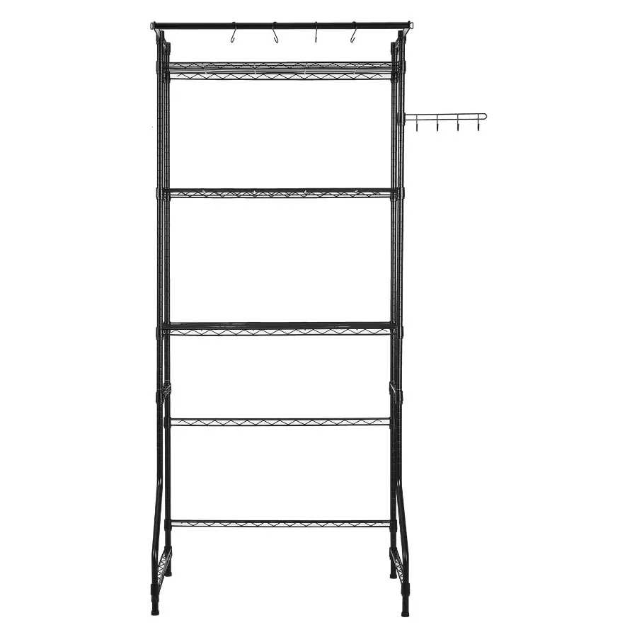 

Over washer and dryer storage shelf for laundry room use, carbon steel construction, black finish, heavy-duty and space-saving