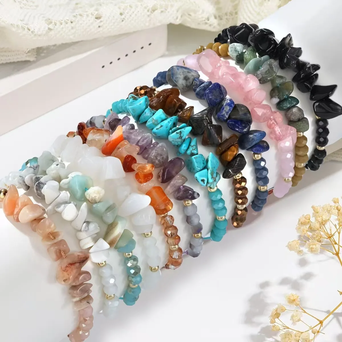 12 piece irregular natural stone woven stretchable bracelet set suitable for daily wear