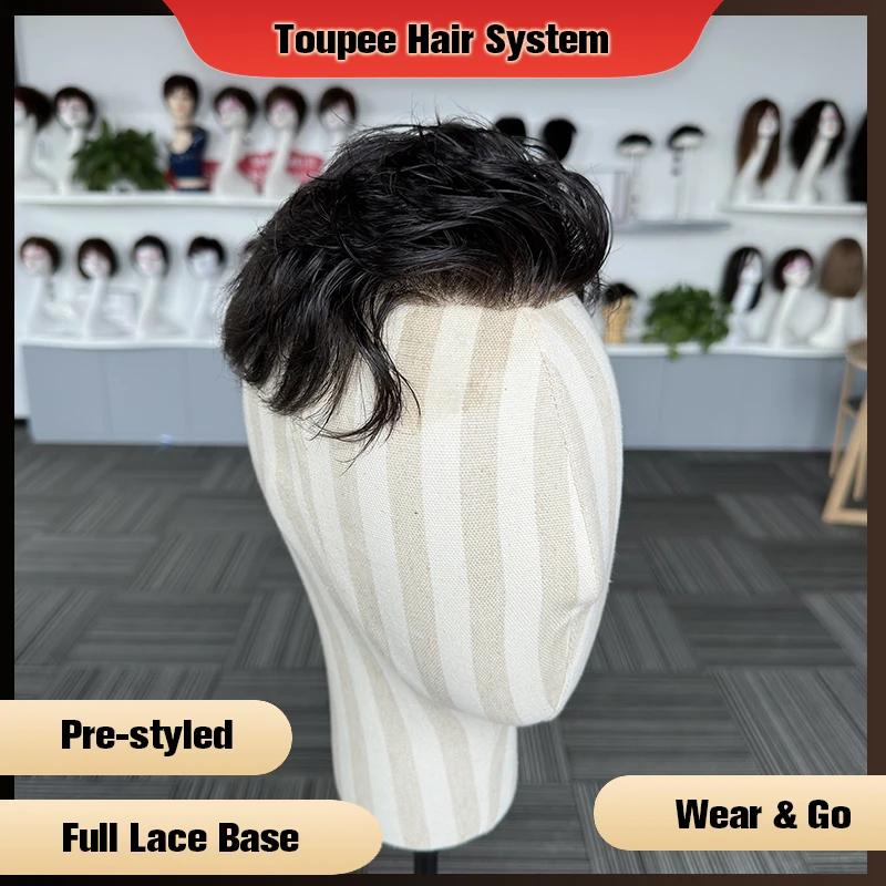 Pre Styled Full Lace Base Toupee For Men Breathable Male Prothesis Hairpieces Human Hair Replacement Systems Unit Men\'s Wig