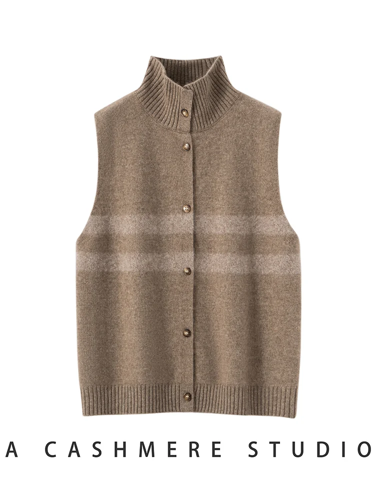 CHICUU ฤดูใบไม้ร่วงฤดูหนาวผู้หญิง 100%แคชเมียร์ถักเสื้อกั๊กคอเต่าลายวินเทจสไตล์แขนกุดเสื้อคาร์ดิแกนแคชเมียร์