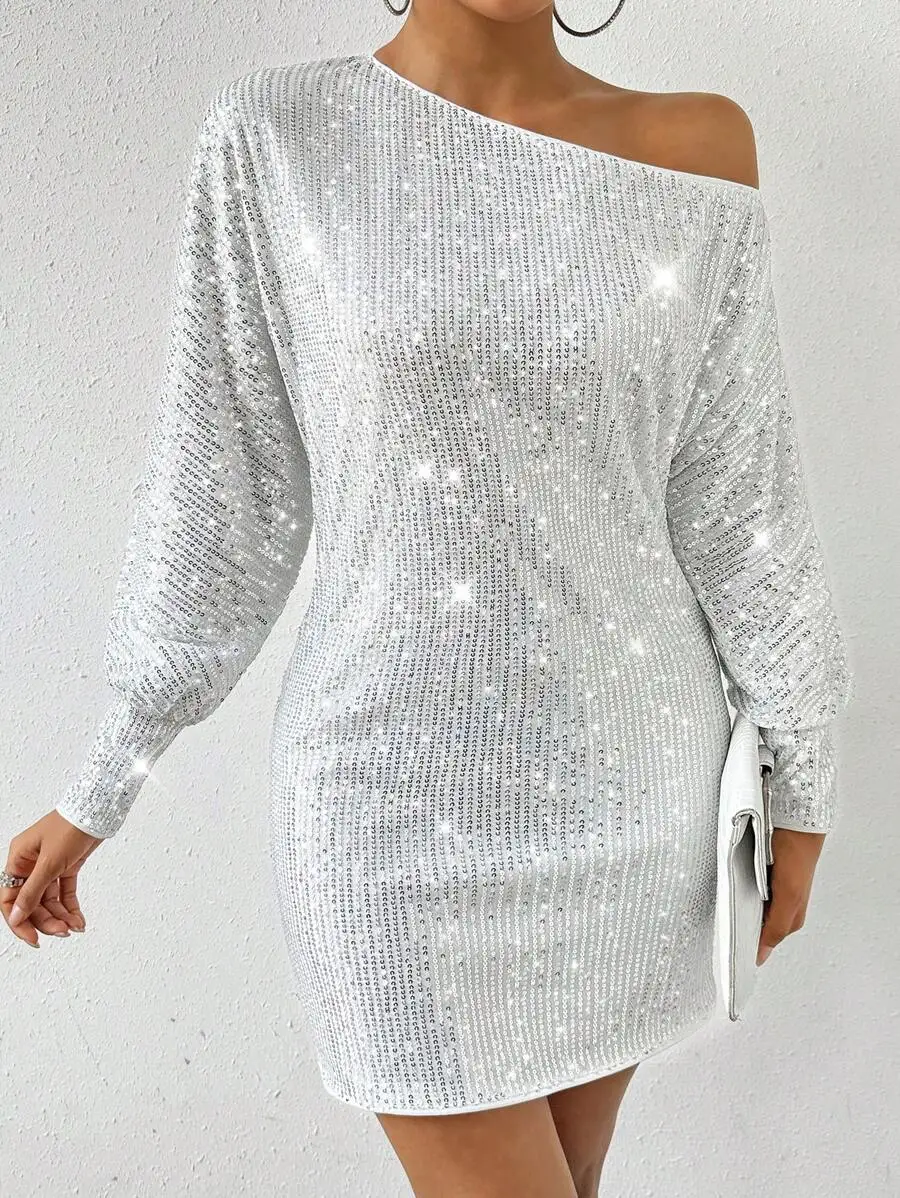 Vestido mini asimétrico de un solo hombro con lentejuelas para fiesta navideña