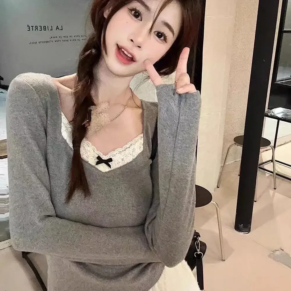 Spitze Patchwork Boden Unten Hemd Herbst Und Winter Frauen Langarm T-shirt Slim Fit Dicken Top